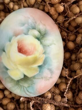 Vintage Hand Painted Artisan Signed Porcelain Oval Tile Art